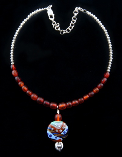 Necklace of silver beads and findings, amber beads, Moretti glass 